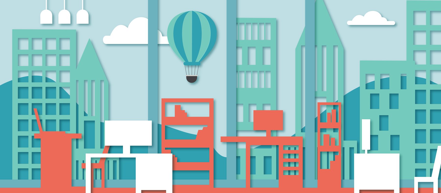 Paper-cut illustration of an office desk overlooking a Colorado city skyline with a hot-air balloon