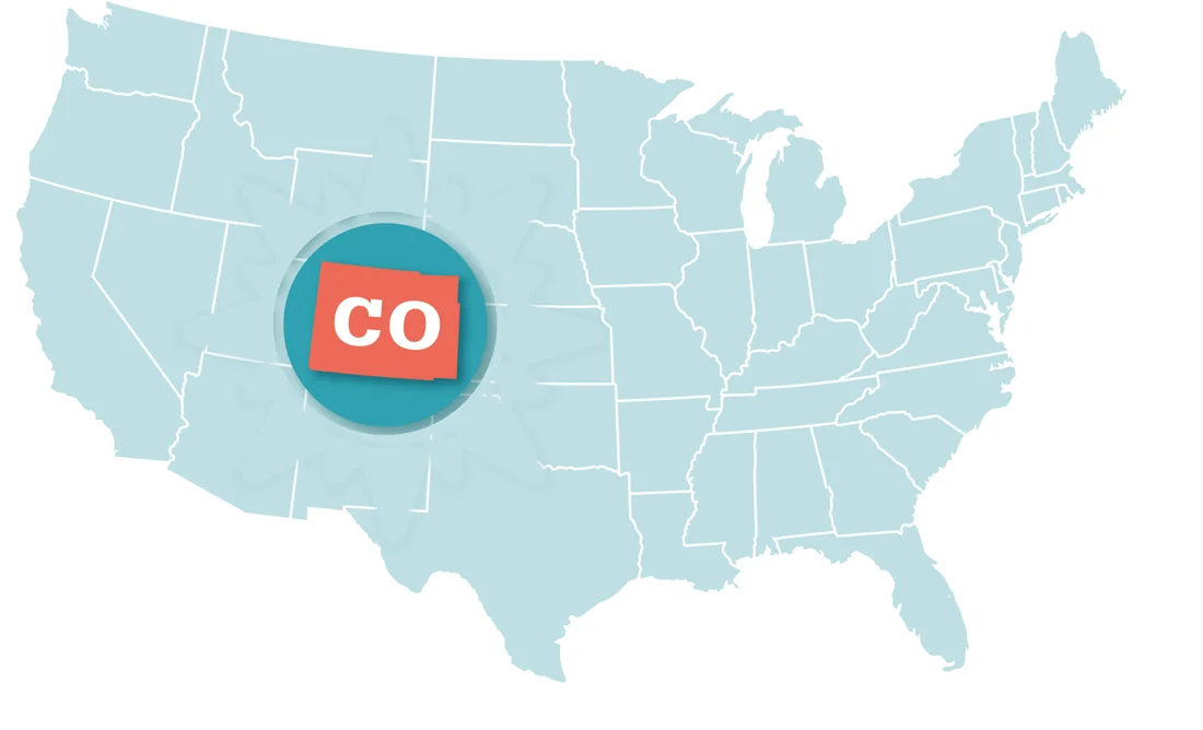 Map of the United States with Colorado highlighted by a starburst badge